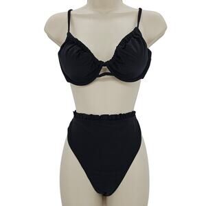 Cupshe Womans size M Push Up Drawstring Top Ruffle Cheeky Bikini Black NEW